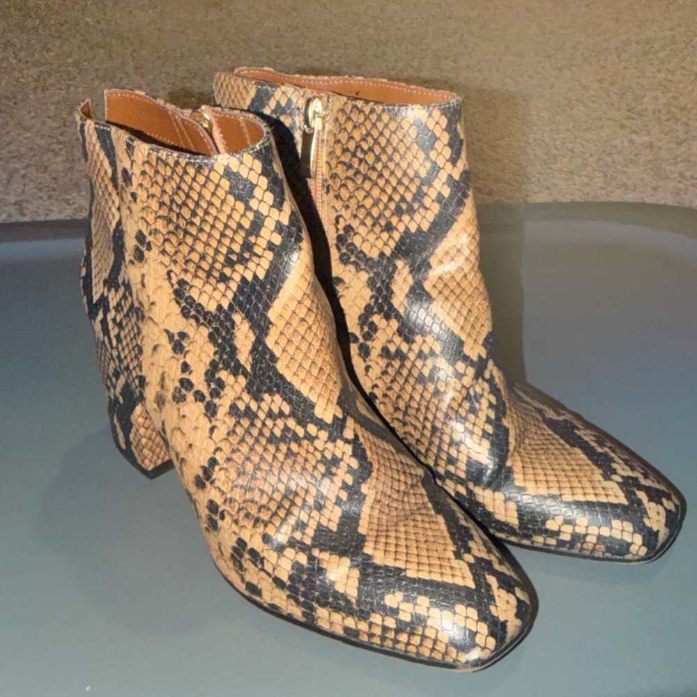 Franco Sarto Tan and Black Snakeskin Ankle Booties